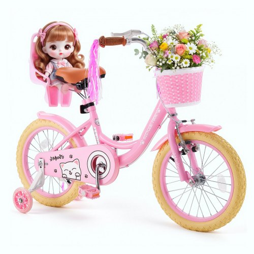 VEVOR Kids Bike, 16 Inch Children Bicycle, Training Wheels Princess Pink, for Girls Ages 4-7, Adjustable Seat, Front Brake and Rear Drum Brake, Front Basket, Doll Seat, High-Carbon Steel Frame