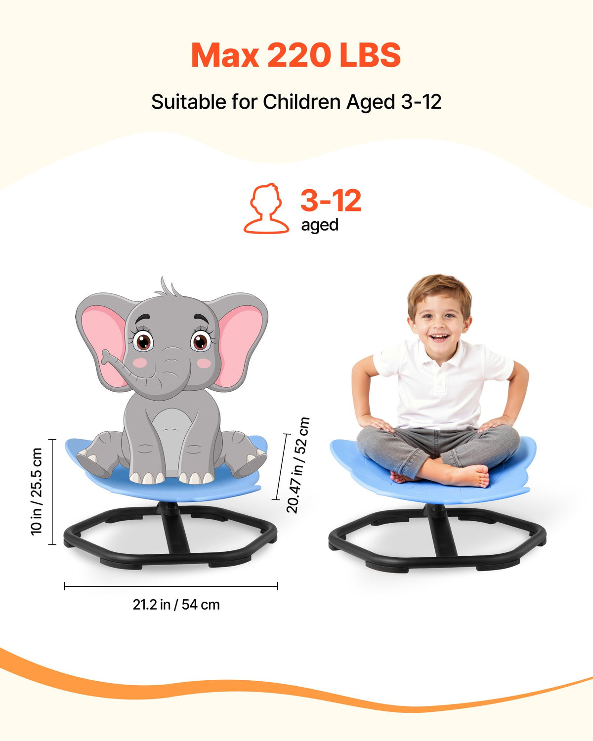 VEVOR Kids Swivel Chair, 220 lbs Capacity, Elephant Shape Sensory Spinning Chair, Autistic Kids Sensory Toy Seat with Non-Slip Metal Base, Toddler Sit & Spin Seat for Coordination Balance Focus, Blue