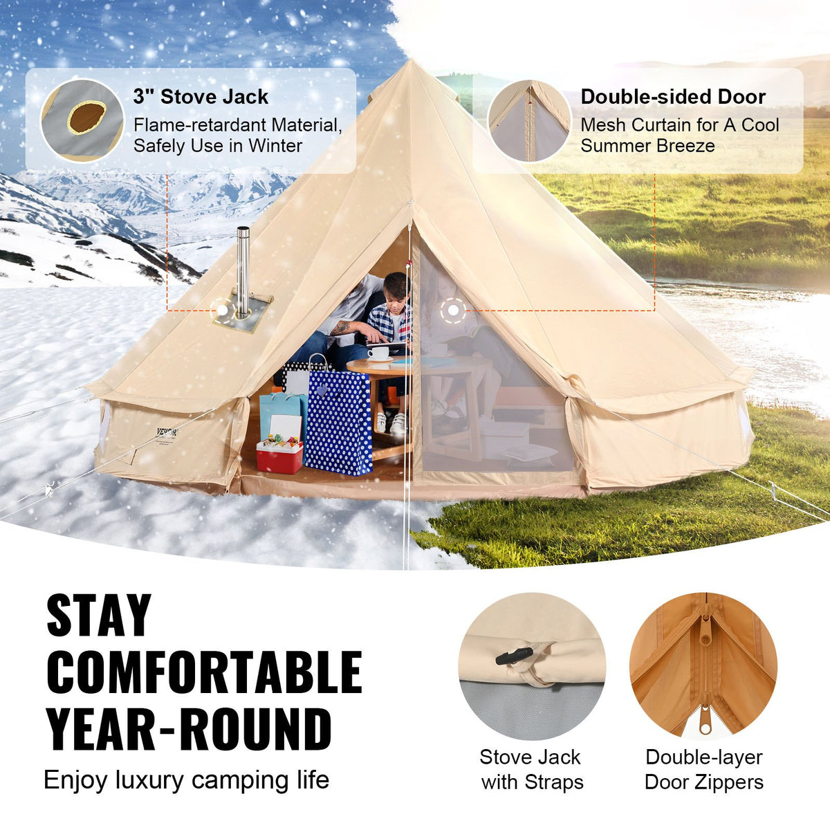 VEVOR Canvas Bell Tent, 4 Seasons 3 m/9.8ft Yurt Tent, Canvas Tent for Camping with Stove Jack, Breathable Tent Holds up to 4 People, Family Camping Outdoor Hunting Party