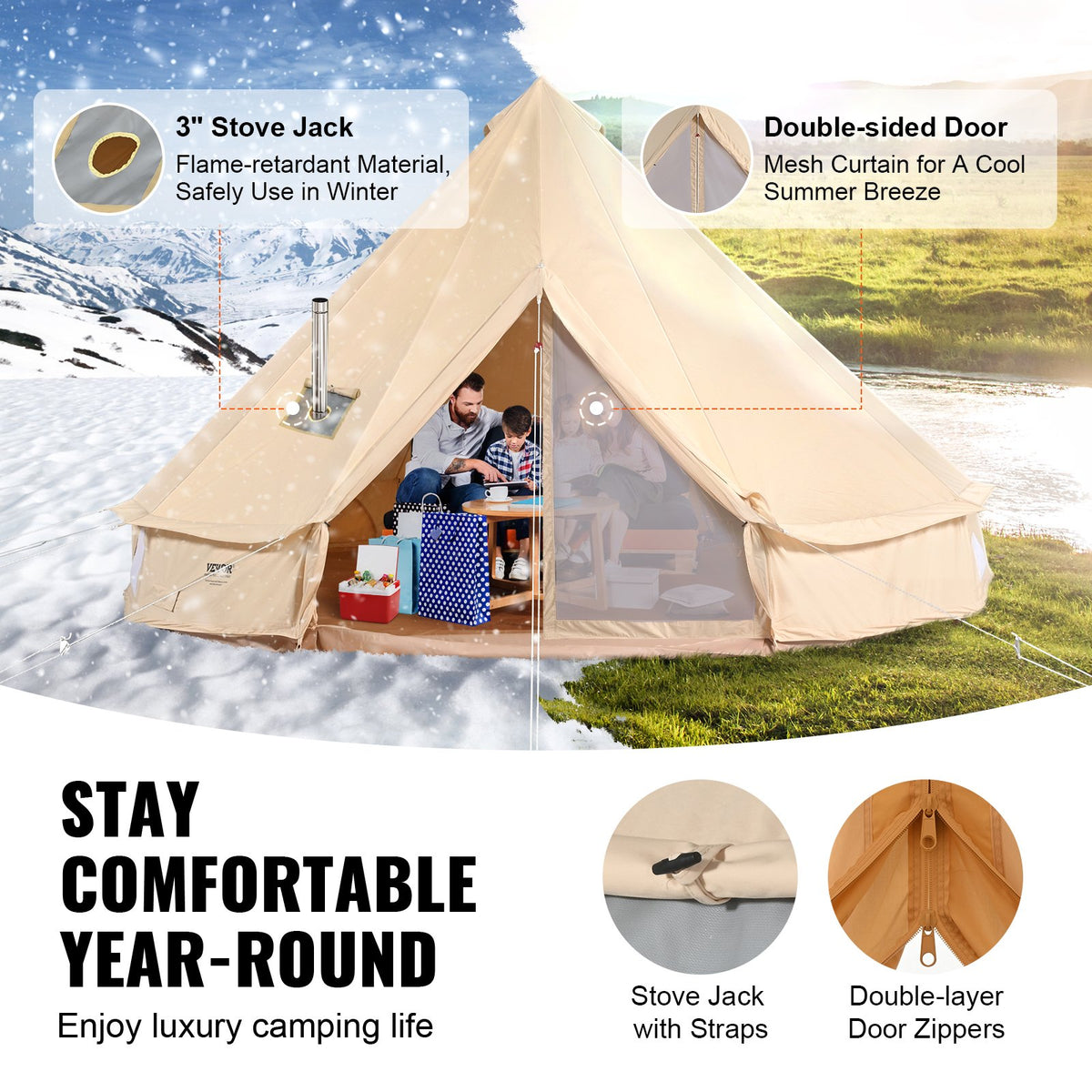 VEVOR Canvas Bell Tent, 4 Seasons 5 m/16.4 ft Yurt Tent, Canvas Tent for Camping with Stove Jack, Breathable Tent Holds up to 8 People, Family Camping Outdoor Hunting Party