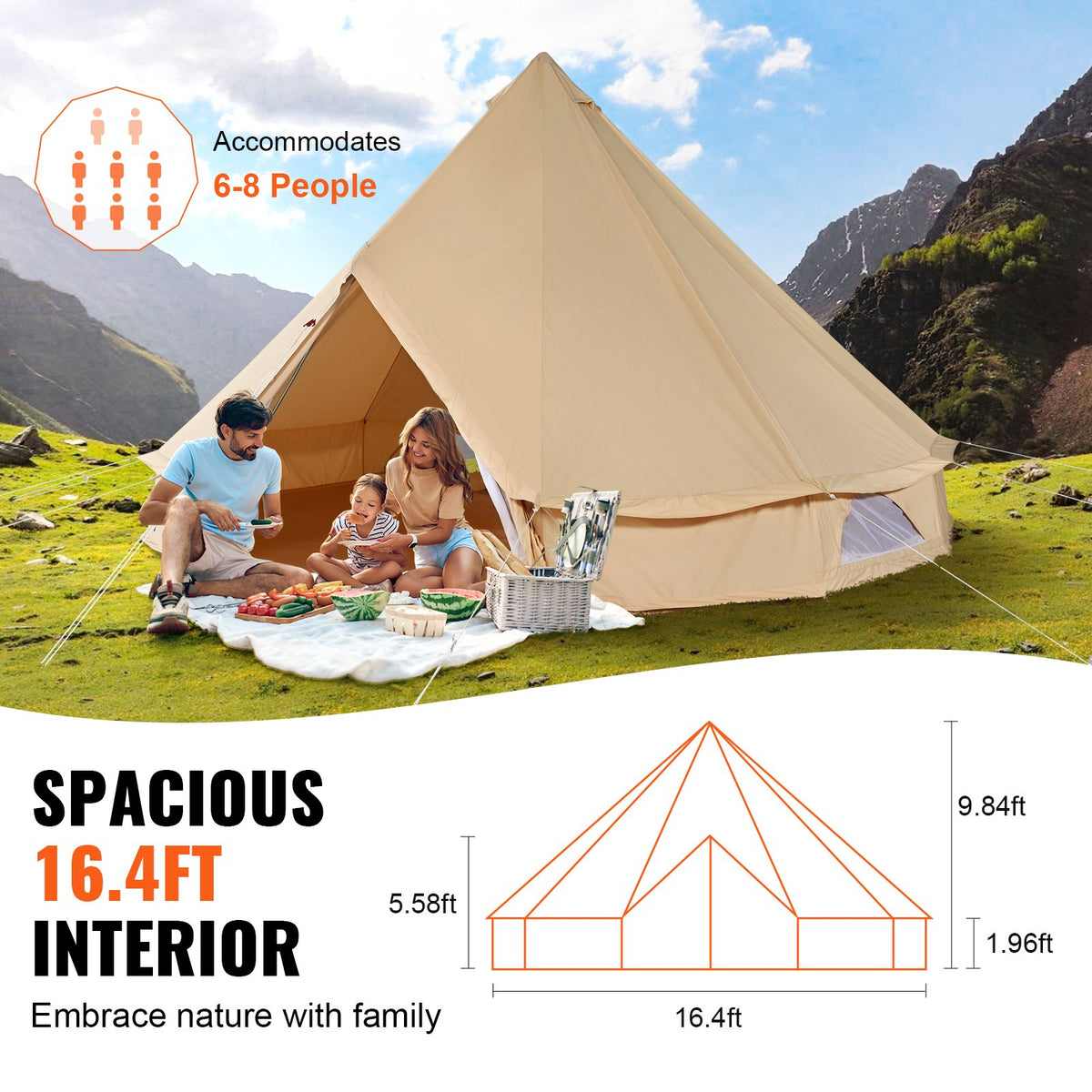 VEVOR Canvas Bell Tent, 4 Seasons 5 m/16.4 ft Yurt Tent, Canvas Tent for Camping with Stove Jack, Breathable Tent Holds up to 8 People, Family Camping Outdoor Hunting Party