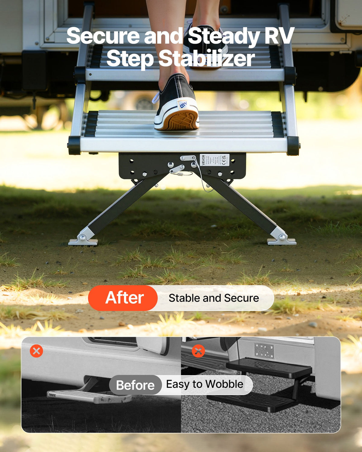 VEVOR RV Step Stabilizer, Height Adjustable Step Stabilizer Kit, Camper Stair Stabilizers with Powder Coated Steel for 5th Wheels, Travel Trailers and Motorhomes, Adjustable from 76.2mm to 381mm
