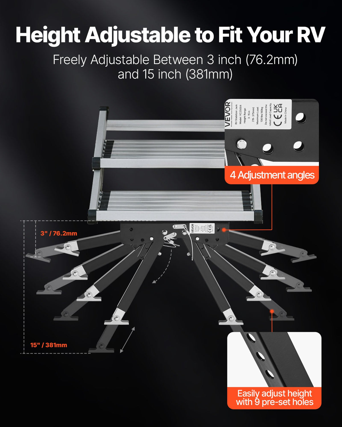 VEVOR RV Step Stabilizer, Height Adjustable Step Stabilizer Kit, Camper Stair Stabilizers with Powder Coated Steel for 5th Wheels, Travel Trailers and Motorhomes, Adjustable from 76.2mm to 381mm