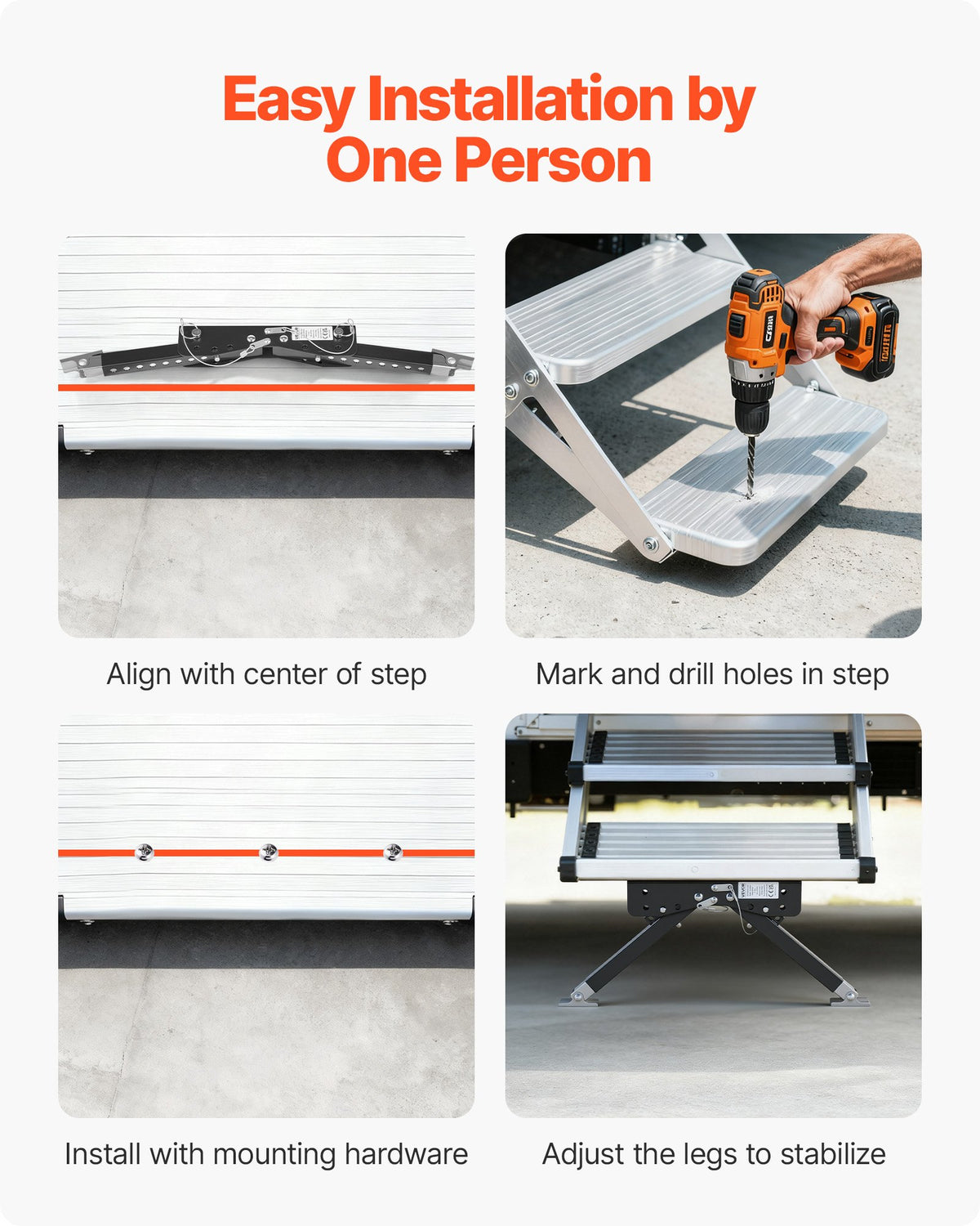 VEVOR RV Step Stabilizer, Height Adjustable Step Stabilizer Kit, Camper Stair Stabilizers with Powder Coated Steel for 5th Wheels, Travel Trailers and Motorhomes, Adjustable from 76.2mm to 381mm