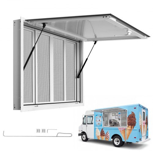 VEVOR Concession Window 1143x762mm Aluminum Alloy Service Window, for Food Truck, Up to 85 Degrees Stand Serving w/ 4 Sliding Screen Windows, Awning Door and Drag Hook, Rainwater Resistant