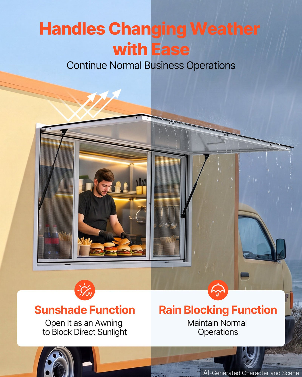 VEVOR Concession Window 1143x762mm Aluminum Alloy Service Window, for Food Truck, Up to 85 Degrees Stand Serving w/ 4 Sliding Screen Windows, Awning Door and Drag Hook, Rainwater Resistant