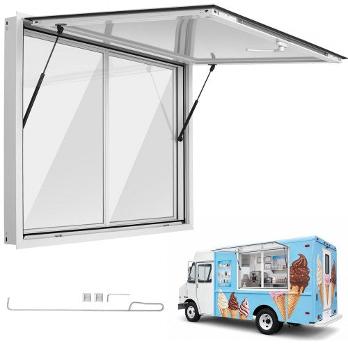 VEVOR Concession Window 1220x915mm Aluminum Alloy Service Window, for Food Truck, Up to 85 Degrees Stand Serving w/ 2 Sliding Acrylic Windows, Awning Door and Drag Hook, Rainwater Resistant