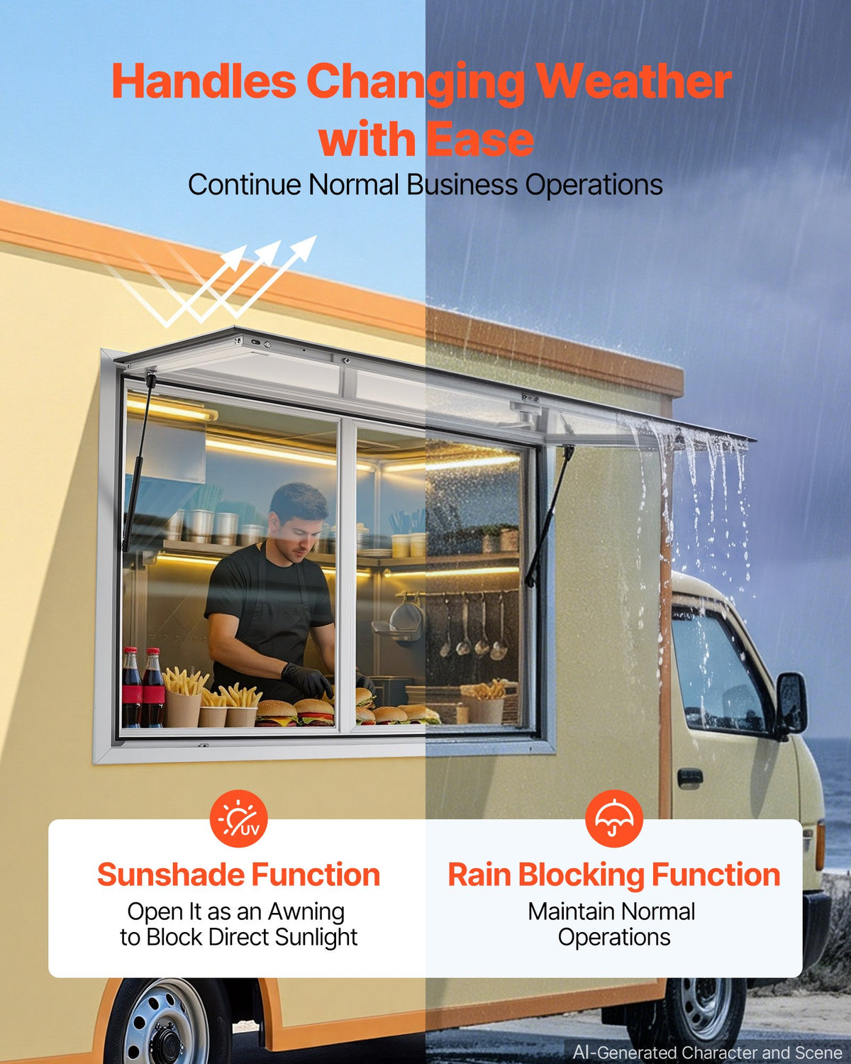 VEVOR Concession Window 1220x915mm Aluminum Alloy Service Window, for Food Truck, Up to 85 Degrees Stand Serving w/ 2 Sliding Acrylic Windows, Awning Door and Drag Hook, Rainwater Resistant