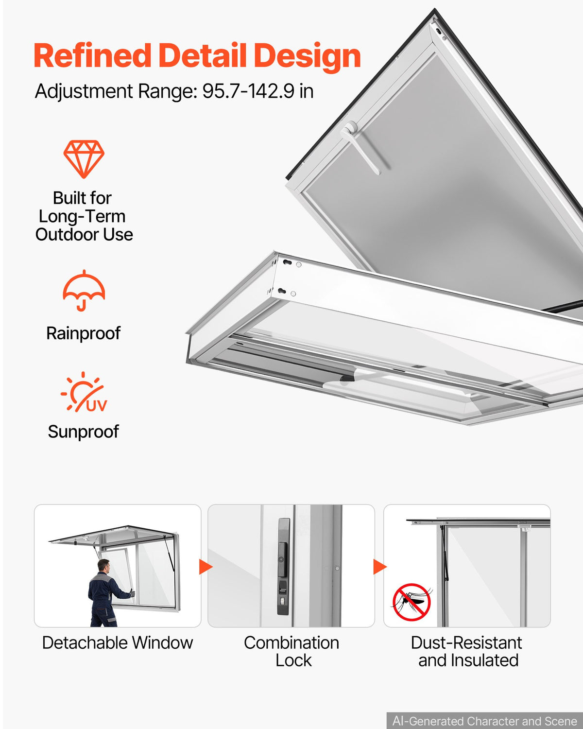 VEVOR Concession Window 1220x915mm Aluminum Alloy Service Window, for Food Truck, Up to 85 Degrees Stand Serving w/ 2 Sliding Acrylic Windows, Awning Door and Drag Hook, Rainwater Resistant