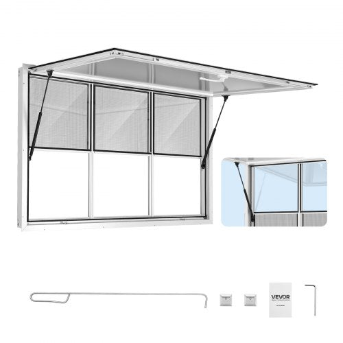 VEVOR Concession Window 1524x915mm Aluminum Alloy Service Window, for Food Truck, Up to 85 Degrees Stand Serving w/ 3 Fixed & 3 Sliding Windows, Awning Door and Drag Hook, Rainwater Resistant