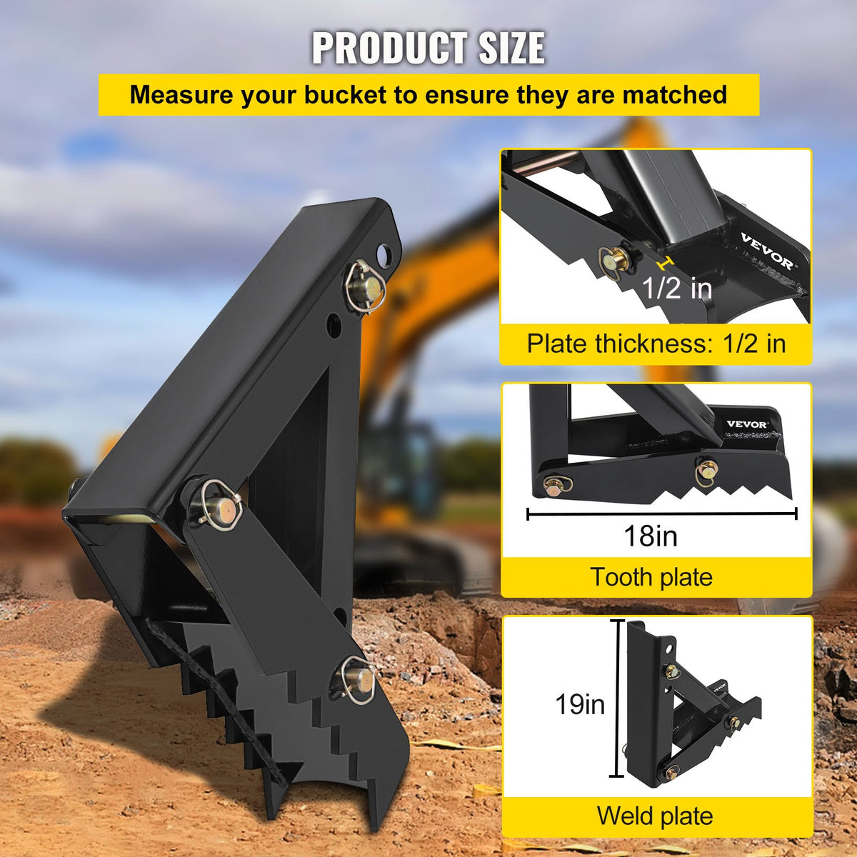 VEVOR 18\" Backhoe Thumb, 1/2\" Teeth Thickness Heavy Duty Excavator Thumb, Black Steel Weld On Thumb Attachments with 12mm Bolt-On Design Adjustable Mechanical Thumb for Backhoe/Excavator