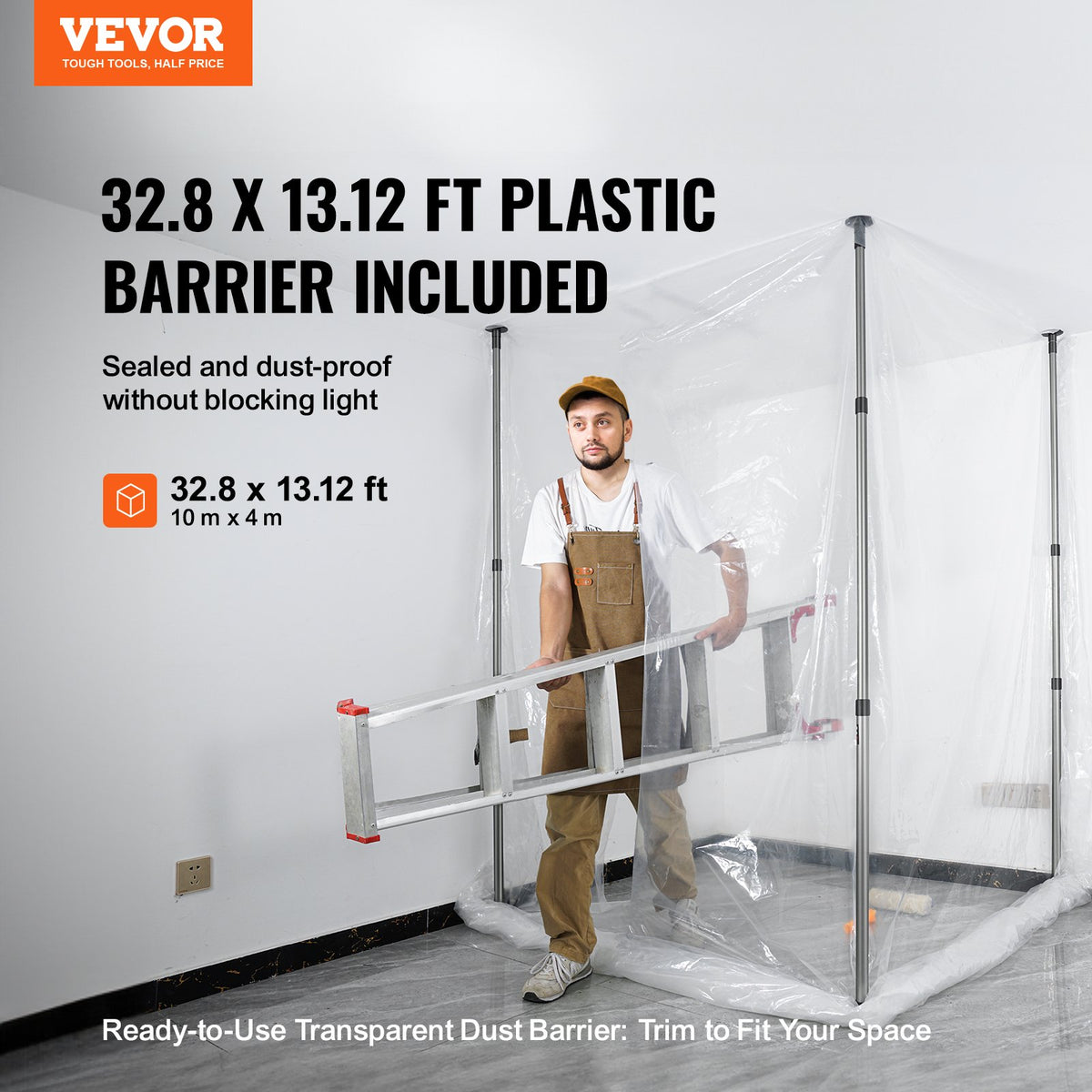 VEVOR Dust Barrier Poles, 12 Ft Poles with 4 Telescoping Poles, Carry Bag, and 32.8x13.12 Ft Plastic Film, for Interior Decoration and Painting Projects