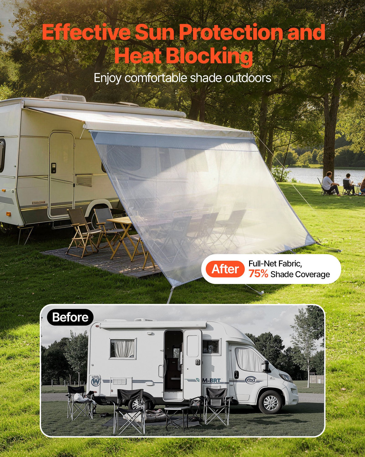 VEVOR RV Awning Sun Shade Screen, 2 x 3.3 m Polyester Mesh Sun Shading Screen (Fits 3.5 m Awnings), Double-Stitched Breathable Sunscreen for RVs Travel and Outdoor Camping
