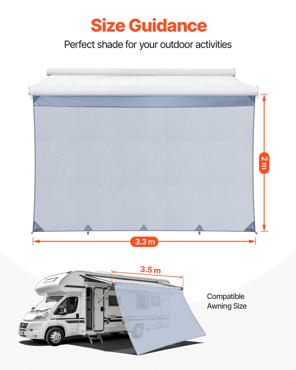 VEVOR RV Awning Sun Shade Screen, 2 x 3.3 m Polyester Mesh Sun Shading Screen (Fits 3.5 m Awnings), Double-Stitched Breathable Sunscreen for RVs Travel and Outdoor Camping