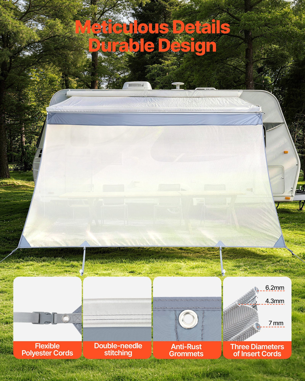 VEVOR RV Awning Sun Shade Screen, 2 x 3.3 m Polyester Mesh Sun Shading Screen (Fits 3.5 m Awnings), Double-Stitched Breathable Sunscreen for RVs Travel and Outdoor Camping