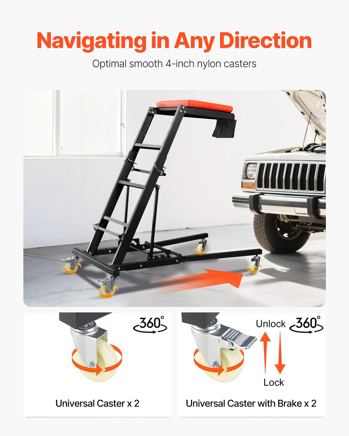 VEVOR Automotive Top Creeper, Engine Creeper 42.5"-64.8", 400 LBS Capacity High Top Creeper, 4 Swivel Caster Wheels, Padded Deck,  Creeper for Home Garage, Workshop Repair Maintenance