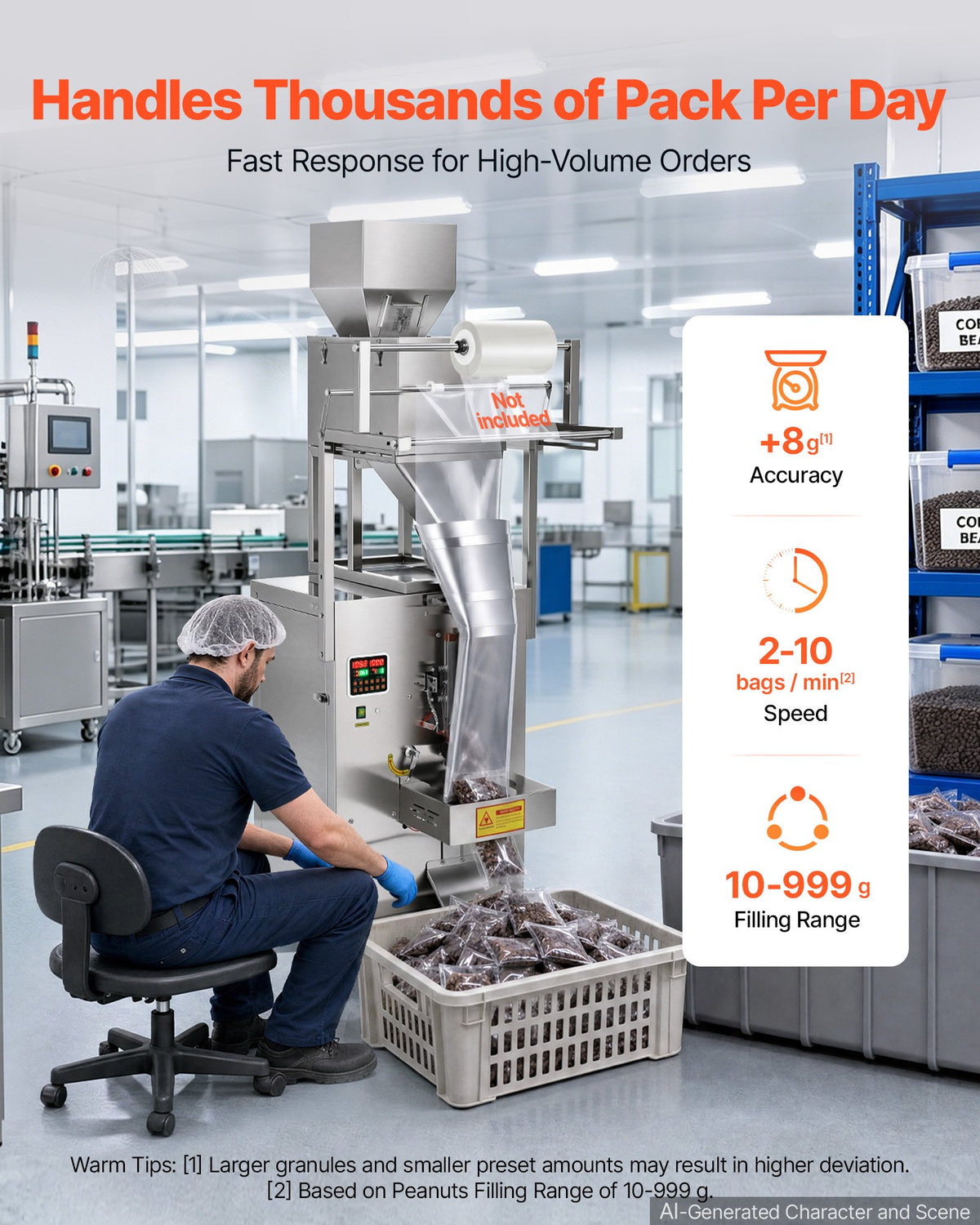 VEVOR Powder Filling and Sealing Machine, 10-999g Automatic Particle Granule Packaging Machine, Stainless Steel, Intelligent Weighing Filling Sealing, for Coffee Beans, Grains, Tea, Spices, Silver