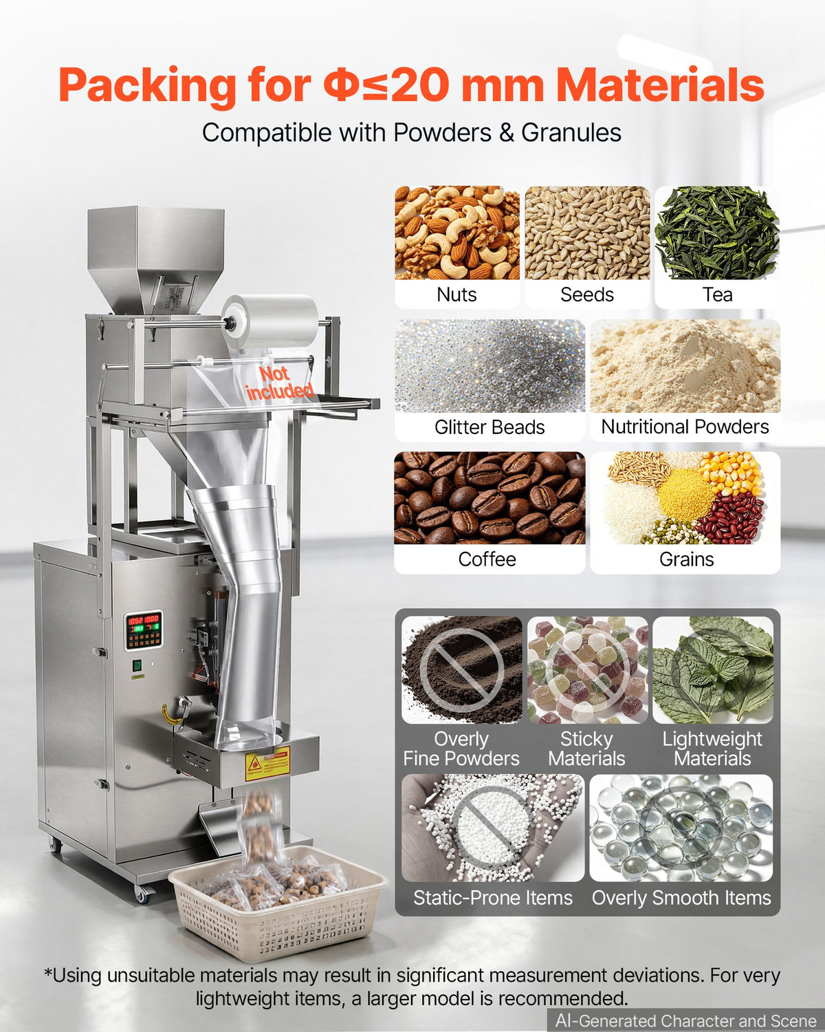 VEVOR Powder Filling and Sealing Machine, 10-999g Automatic Particle Granule Packaging Machine, Stainless Steel, Intelligent Weighing Filling Sealing, for Coffee Beans, Grains, Tea, Spices, Silver