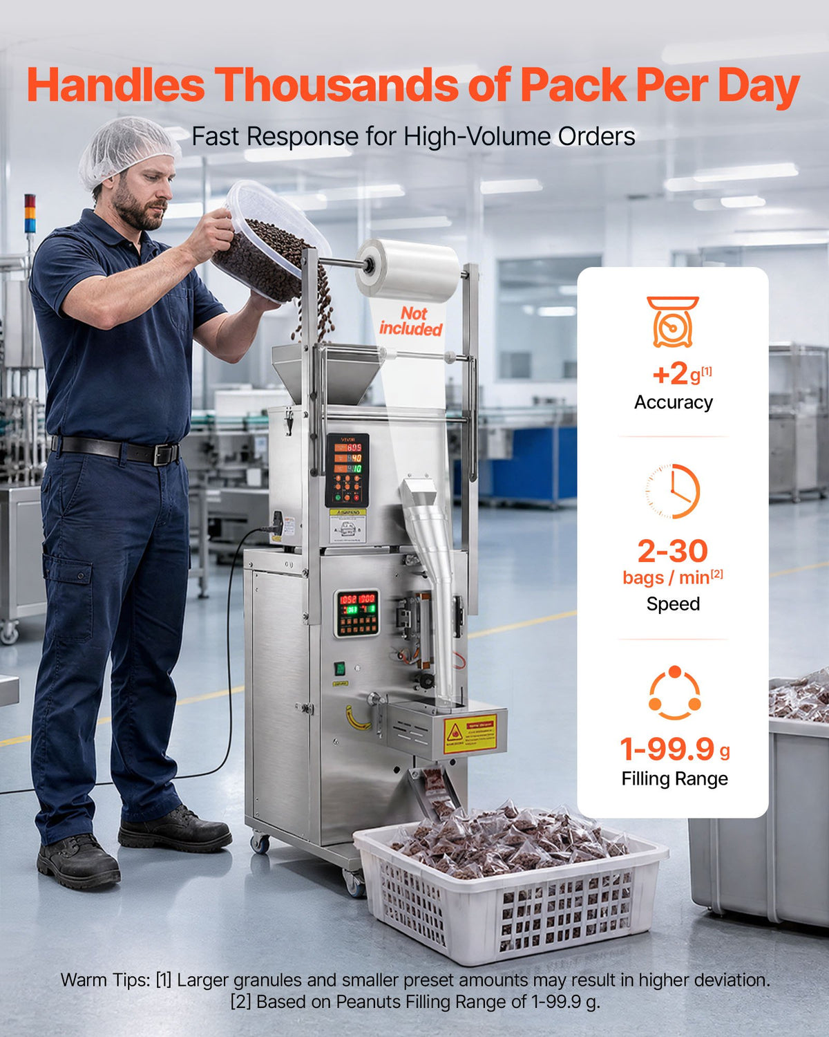 VEVOR Powder Filling and Sealing Machine, 1-99.9g Automatic Particle Granule Packaging Machine, Stainless Steel, Intelligent Weighing Filling Sealing, for Coffee Beans, Grains, Tea, Spices, Silver
