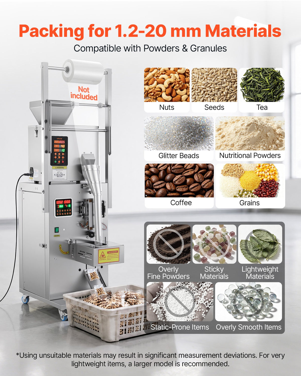VEVOR Powder Filling and Sealing Machine, 1-99.9g Automatic Particle Granule Packaging Machine, Stainless Steel, Intelligent Weighing Filling Sealing, for Coffee Beans, Grains, Tea, Spices, Silver