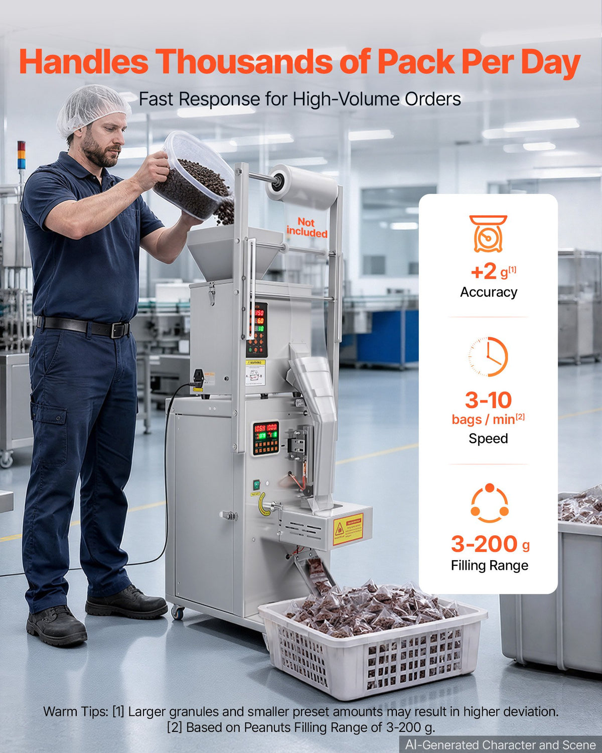 VEVOR Powder Filling and Sealing Machine, 3-200g Automatic Particle Granule Packaging Machine, Stainless Steel, Intelligent Weighing Filling Sealing, for Coffee Beans, Grains, Tea, Spices, Silver