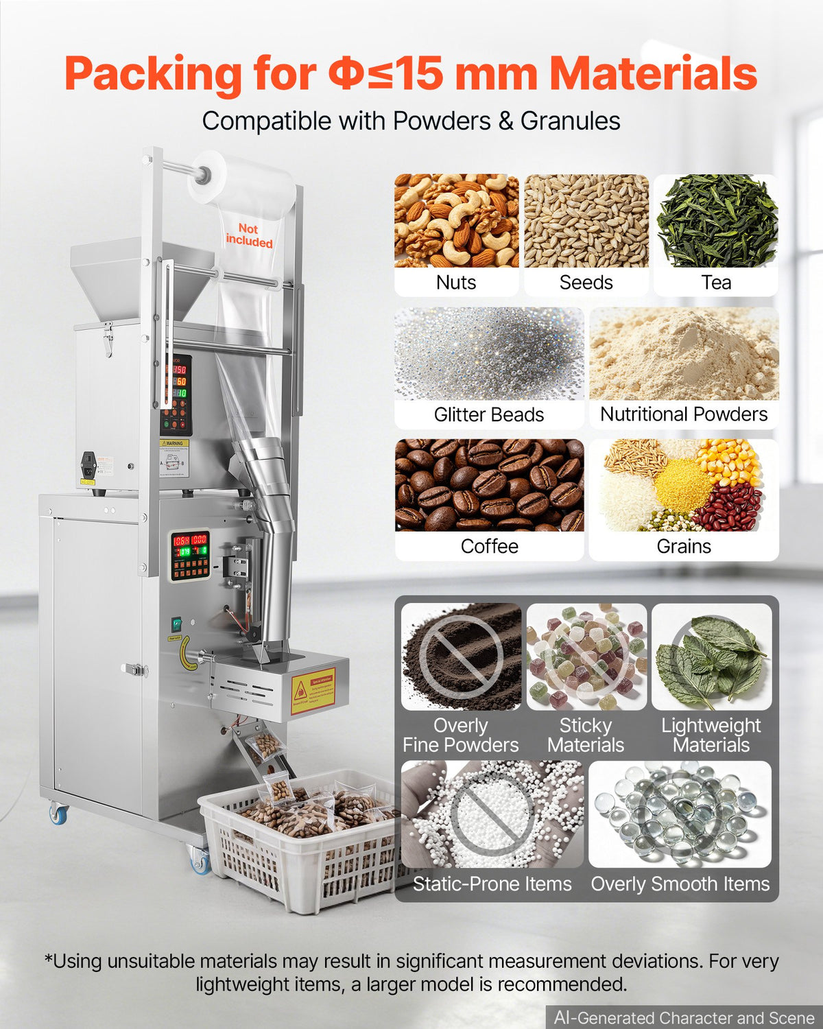 VEVOR Powder Filling and Sealing Machine, 3-200g Automatic Particle Granule Packaging Machine, Stainless Steel, Intelligent Weighing Filling Sealing, for Coffee Beans, Grains, Tea, Spices, Silver