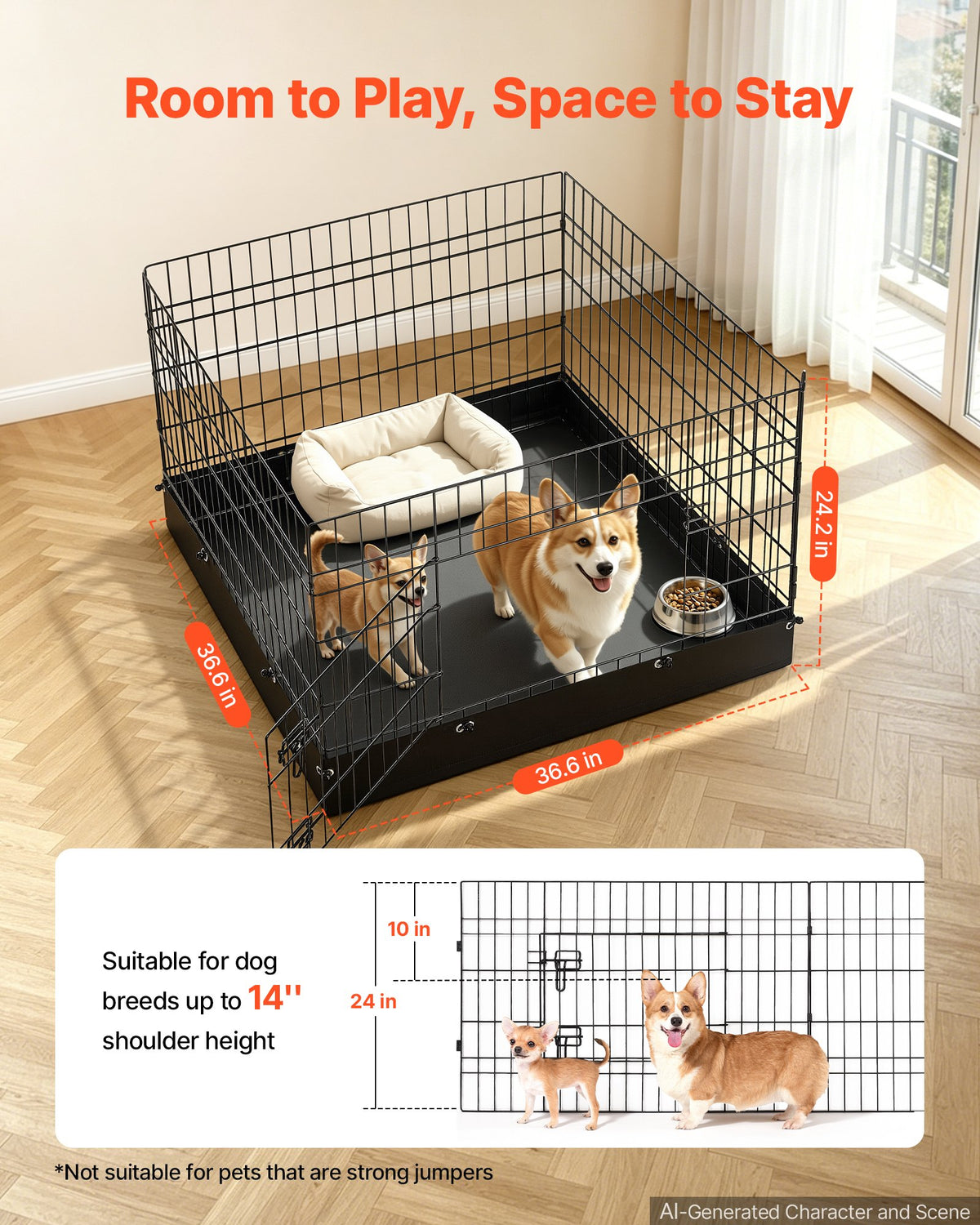 VEVOR Dog Playpen 61 cm 4 Panels Foldable Exercise Pen with Bottom Pad, Indoor Metal Pet Fence with Door, Heavy Duty Puppy Crate Kennel, Pet Playpen for Dogs, Cats, and Other Small Animals, Black