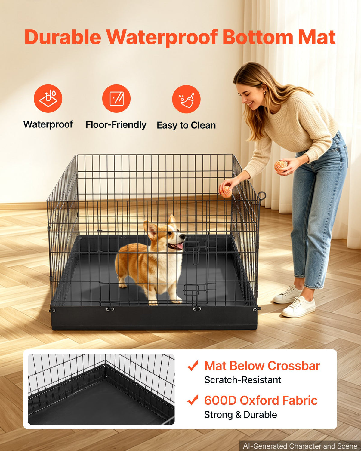 VEVOR Dog Playpen 61 cm 4 Panels Foldable Exercise Pen with Bottom Pad, Indoor Metal Pet Fence with Door, Heavy Duty Puppy Crate Kennel, Pet Playpen for Dogs, Cats, and Other Small Animals, Black