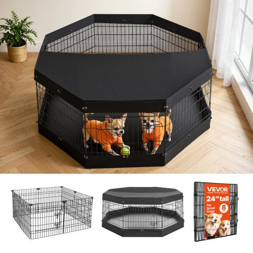 VEVOR Dog Playpen 61 cm 8 Panels Exercise Pen with Top Cover & Bottom Pad, Indoor Foldable Metal Pet Fence with Door, Heavy Duty Puppy Crate Kennel Pen for Dogs, Cats, and Other Small Animals, Black