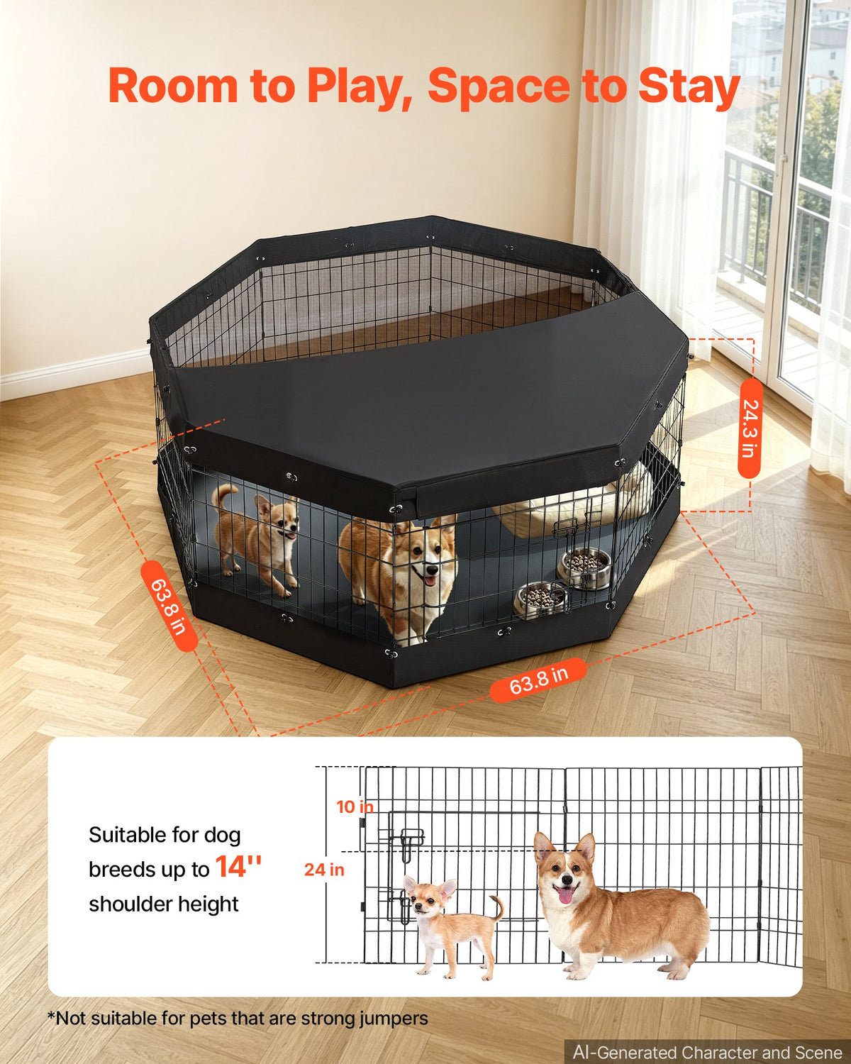VEVOR Dog Playpen 61 cm 8 Panels Exercise Pen with Top Cover & Bottom Pad, Indoor Foldable Metal Pet Fence with Door, Heavy Duty Puppy Crate Kennel Pen for Dogs, Cats, and Other Small Animals, Black