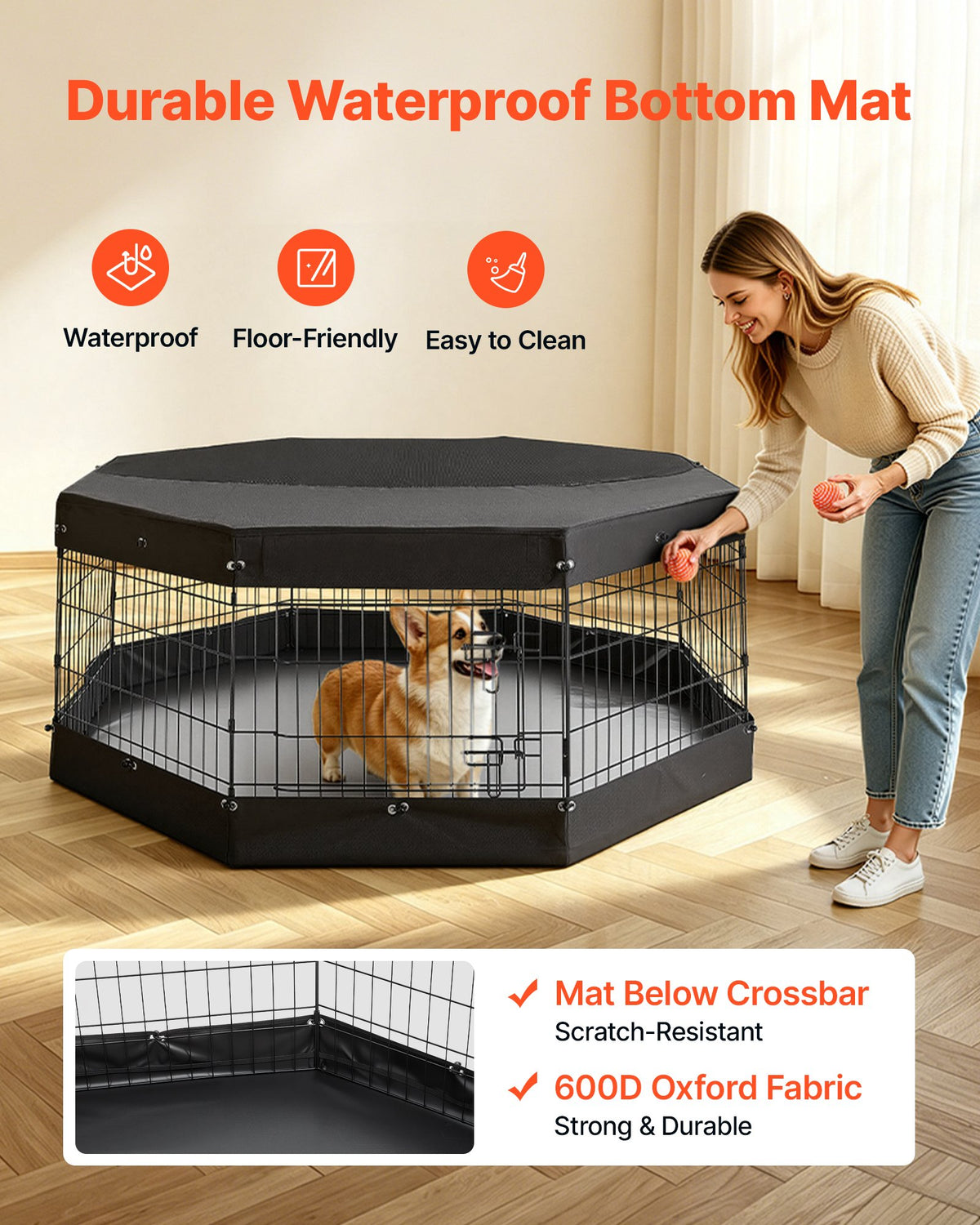 VEVOR Dog Playpen 61 cm 8 Panels Exercise Pen with Top Cover & Bottom Pad, Indoor Foldable Metal Pet Fence with Door, Heavy Duty Puppy Crate Kennel Pen for Dogs, Cats, and Other Small Animals, Black