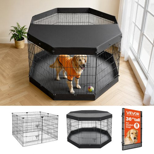 VEVOR Dog Playpen 91 cm 8 Panels Exercise Pen with Top Cover & Bottom Pad, Indoor Foldable Metal Pet Fence with Door, Heavy Duty Puppy Crate Kennel Pen for Dogs, Cats, and Other Small Animals, Black
