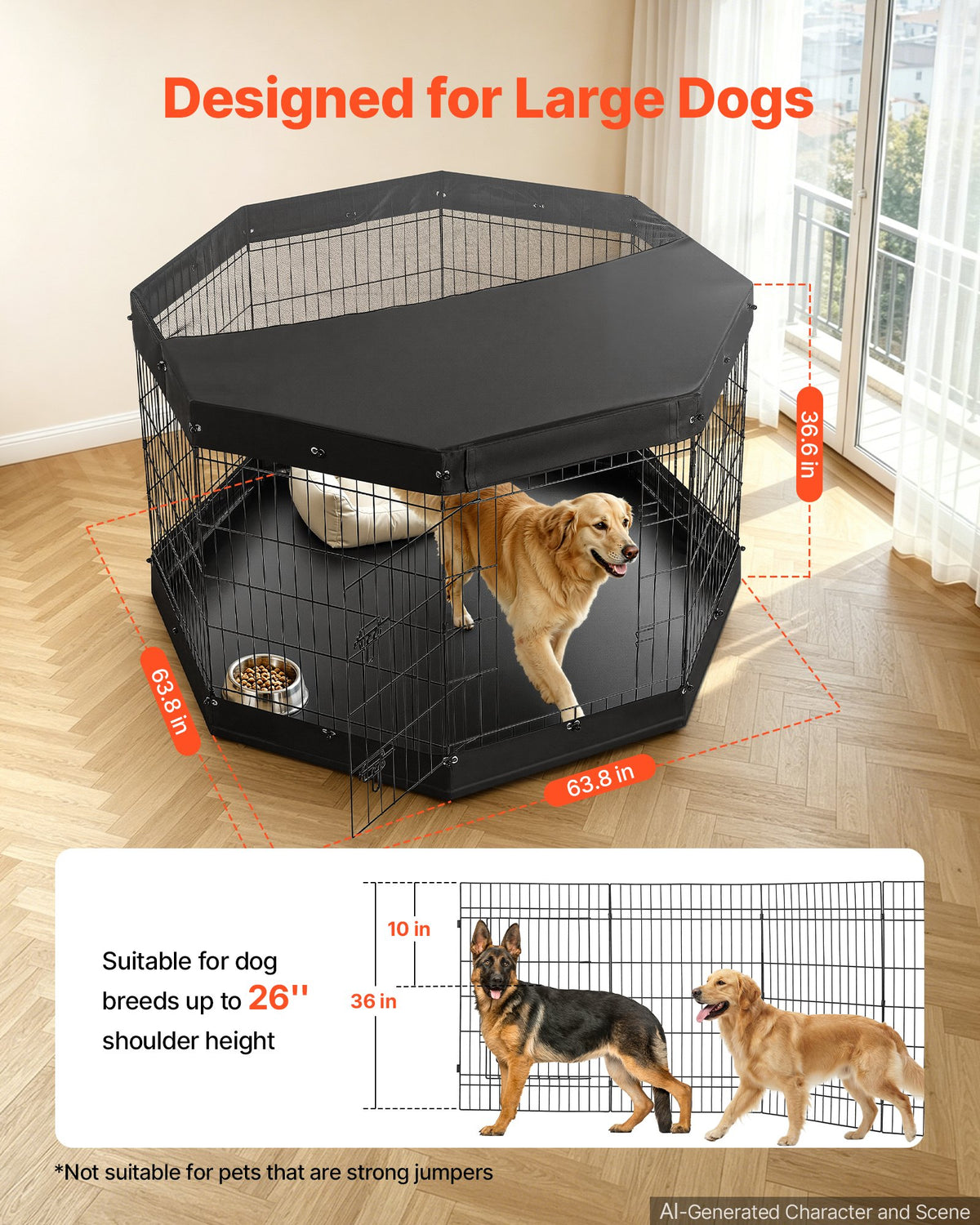 VEVOR Dog Playpen 91 cm 8 Panels Exercise Pen with Top Cover & Bottom Pad, Indoor Foldable Metal Pet Fence with Door, Heavy Duty Puppy Crate Kennel Pen for Dogs, Cats, and Other Small Animals, Black