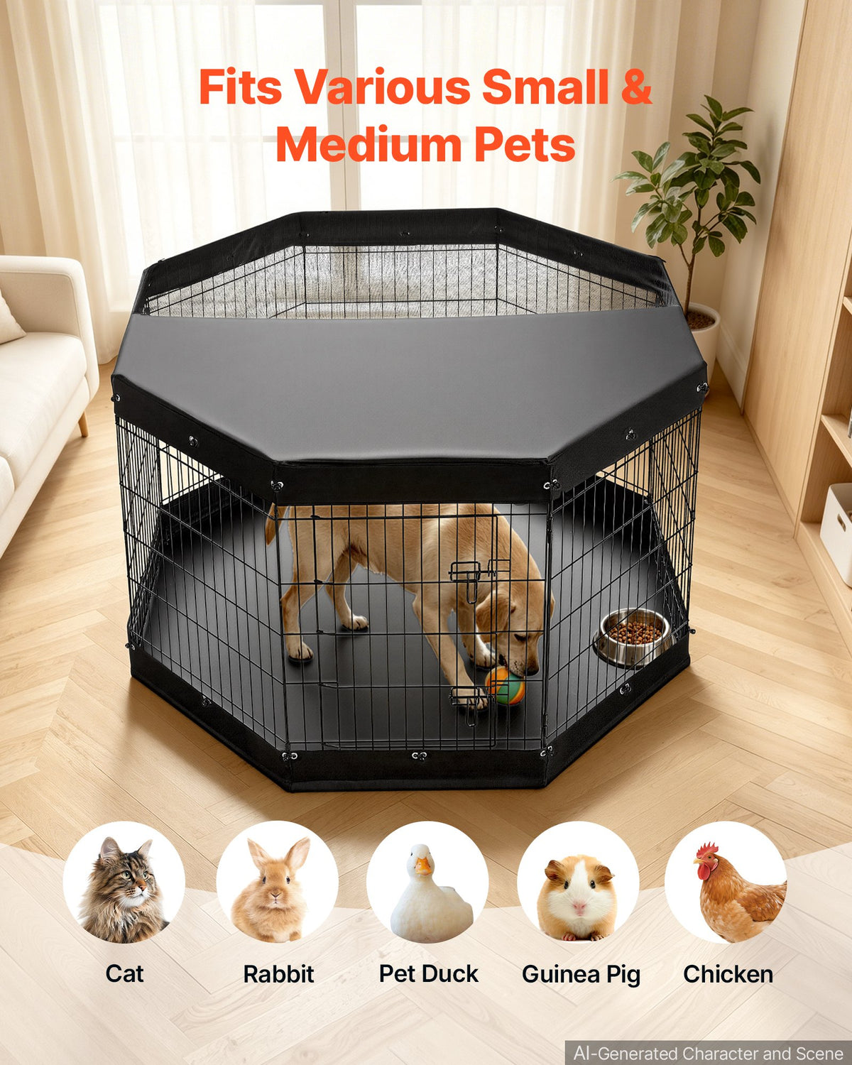 VEVOR Dog Playpen 91 cm 8 Panels Exercise Pen with Top Cover & Bottom Pad, Indoor Foldable Metal Pet Fence with Door, Heavy Duty Puppy Crate Kennel Pen for Dogs, Cats, and Other Small Animals, Black