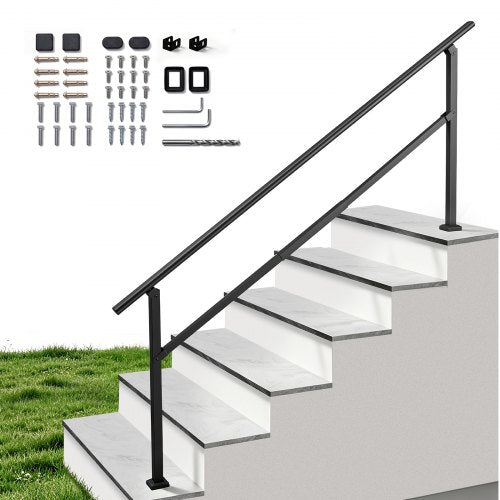 VEVOR Handrails for Outdoor Steps, 5-7 Step Stair Hand Rail Kit, Black, Square Tube Stair Rails for Seniors, Concrete Steps & Porch & Deck, Heavy-Duty Carbon Steel Railings with Installation Kit