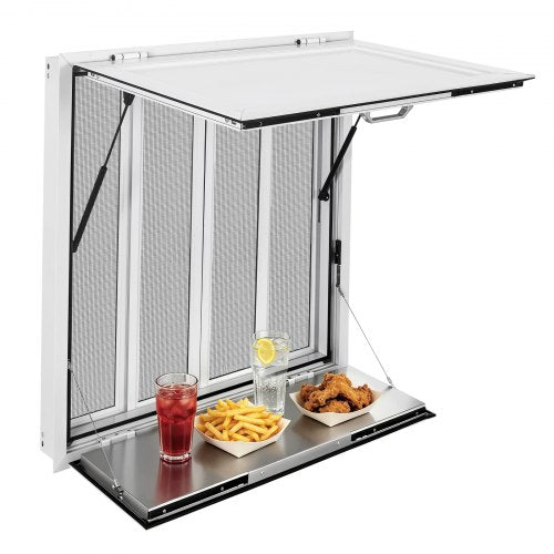 VEVOR Concession Window Folding Shelf 915x915mm Aluminum Alloy Service Window, for Food Truck, Up to 85 Degrees, w/ 4 Sliding Screen Windows, Awning Door and Drag Hook, Rainwater Resistant