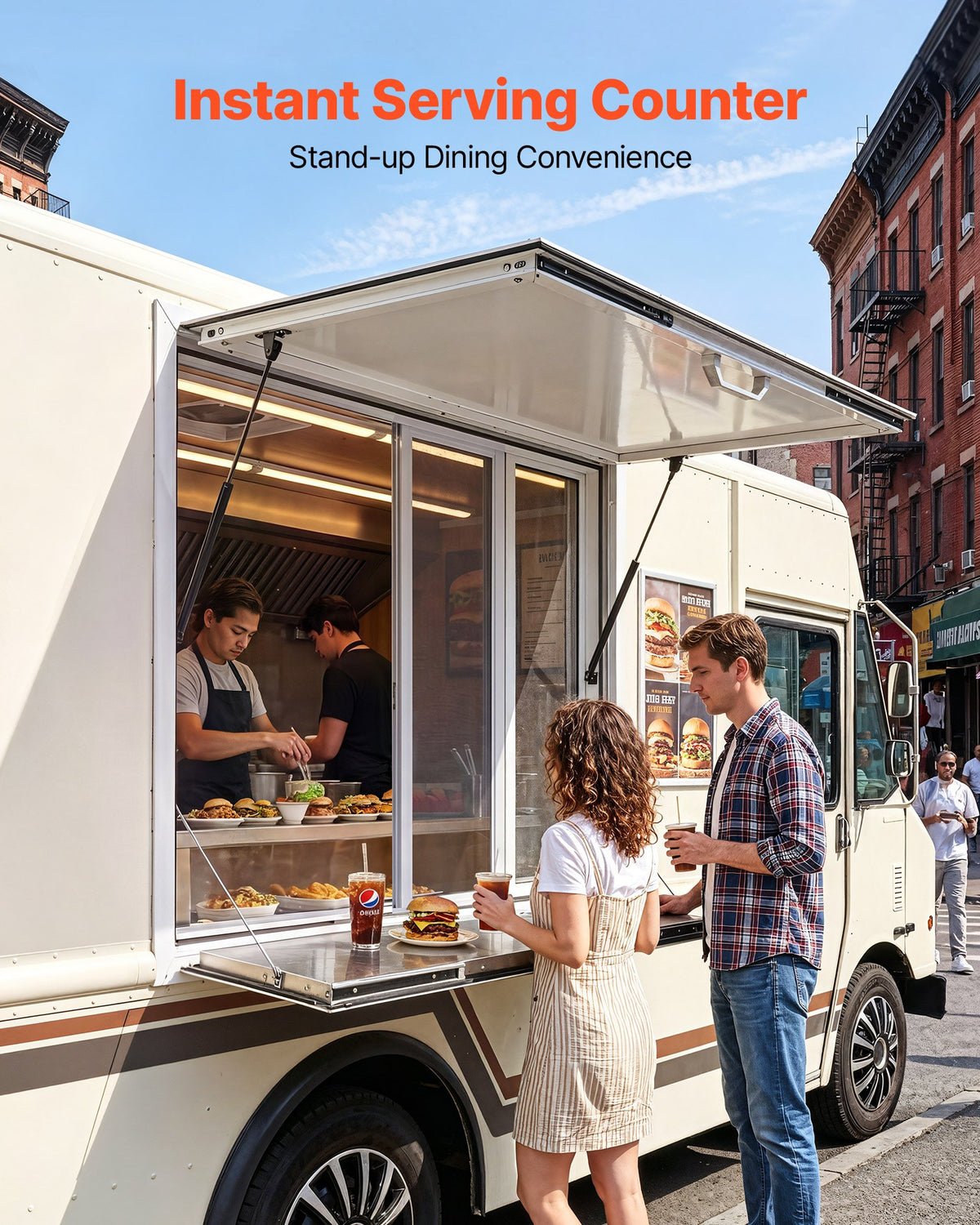 VEVOR Concession Window Folding Shelf 915x915mm Aluminum Alloy Service Window, for Food Truck, Up to 85 Degrees, w/ 4 Sliding Screen Windows, Awning Door and Drag Hook, Rainwater Resistant