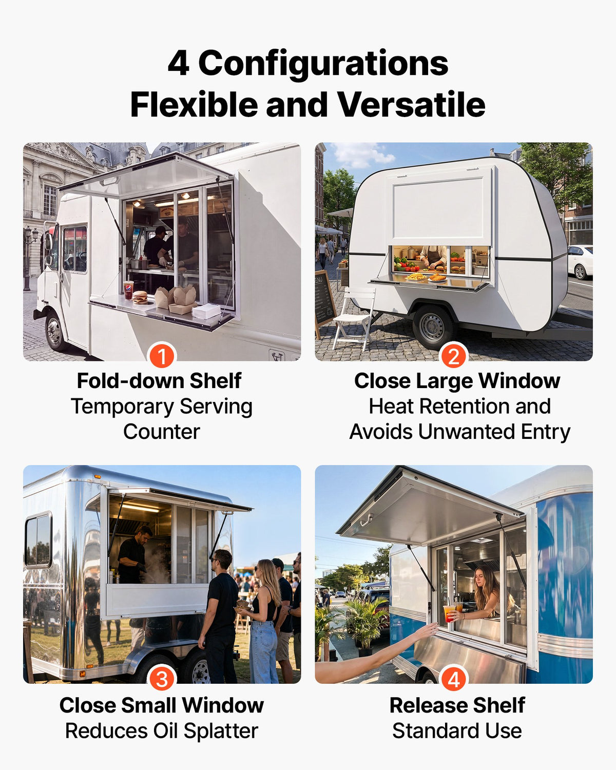 VEVOR Concession Window Folding Shelf 915x915mm Aluminum Alloy Service Window, for Food Truck, Up to 85 Degrees, w/ 4 Sliding Screen Windows, Awning Door and Drag Hook, Rainwater Resistant