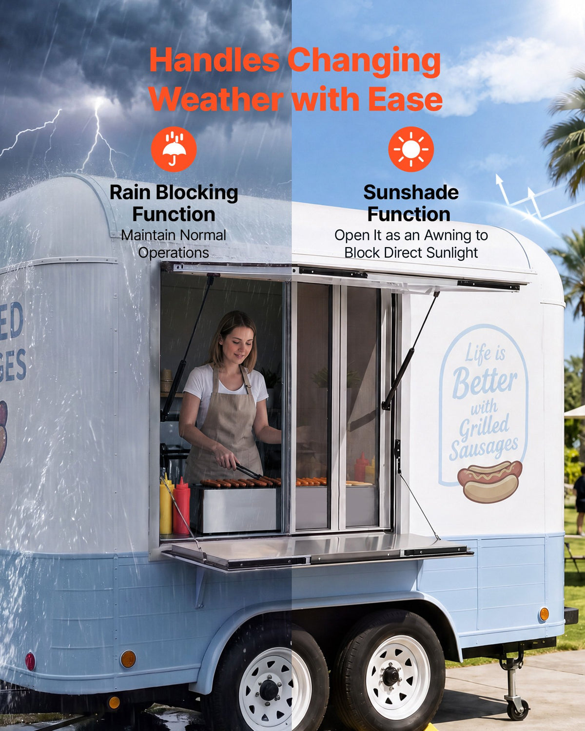 VEVOR Concession Window Folding Shelf 915x915mm Aluminum Alloy Service Window, for Food Truck, Up to 85 Degrees, w/ 4 Sliding Screen Windows, Awning Door and Drag Hook, Rainwater Resistant
