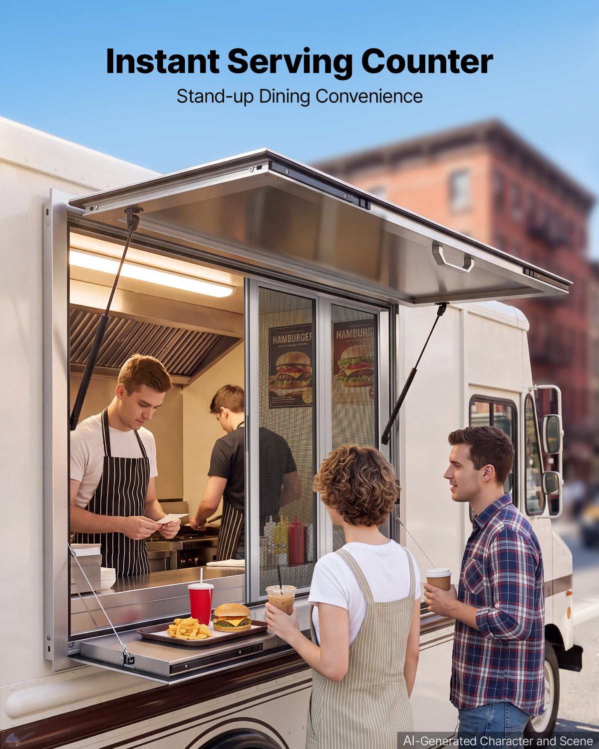 VEVOR Concession Window Folding Shelf 1220x915mm Aluminum Alloy Service Window, for Food Truck, Up to 85 Degrees, w/ 4 Sliding Screen Windows, Awning Door and Drag Hook, Rainwater Resistant