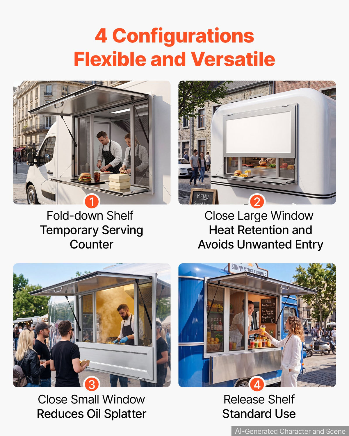 VEVOR Concession Window Folding Shelf 1220x915mm Aluminum Alloy Service Window, for Food Truck, Up to 85 Degrees, w/ 4 Sliding Screen Windows, Awning Door and Drag Hook, Rainwater Resistant