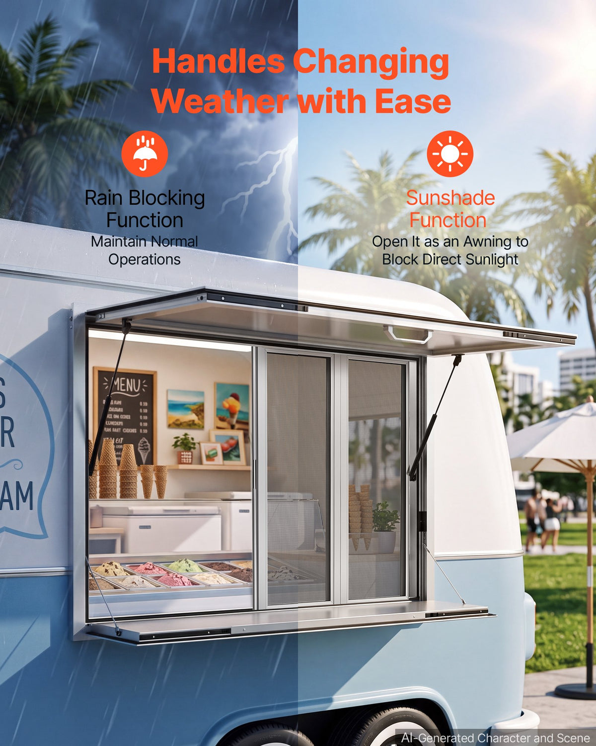 VEVOR Concession Window Folding Shelf 1220x915mm Aluminum Alloy Service Window, for Food Truck, Up to 85 Degrees, w/ 4 Sliding Screen Windows, Awning Door and Drag Hook, Rainwater Resistant