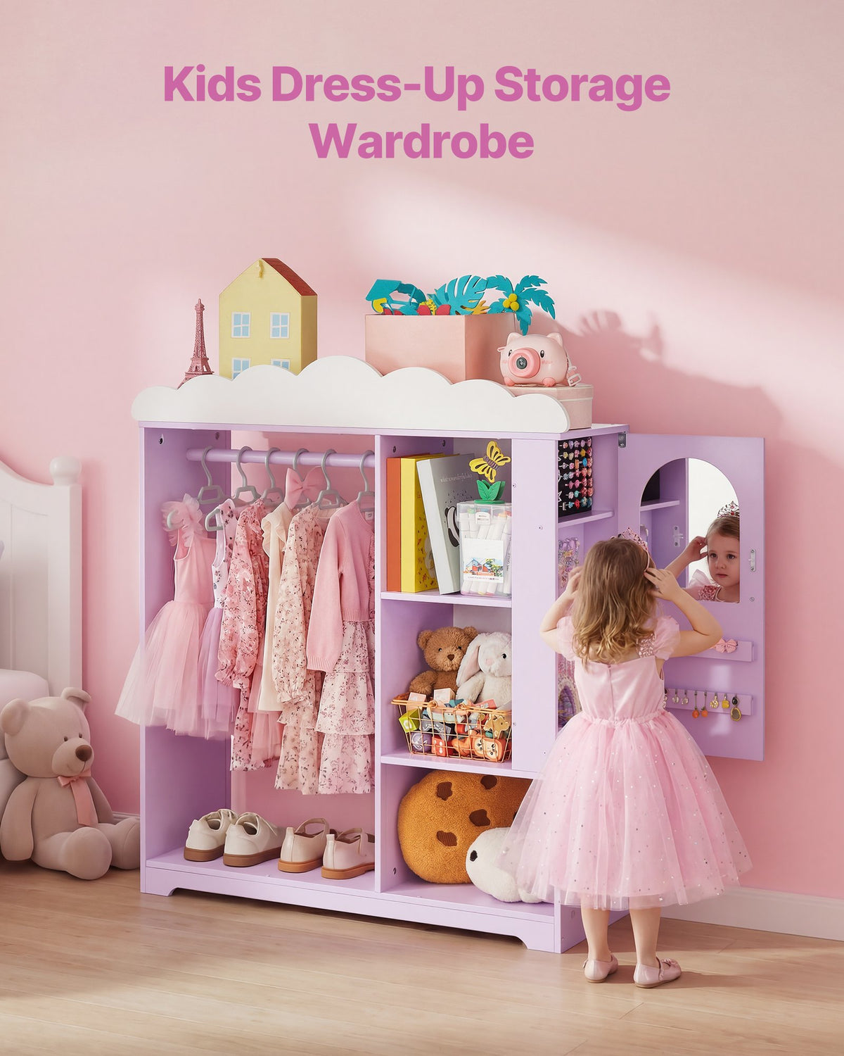VEVOR Kids Dress Up Storage, with Jewelry Cabinet, Dress Up Closet with Mirror and Shelves, Princess Costumes Wardrobe Closet, Toddler Costume Organizer Armoire, for Bedroom, Kids Room, Girls, Purple