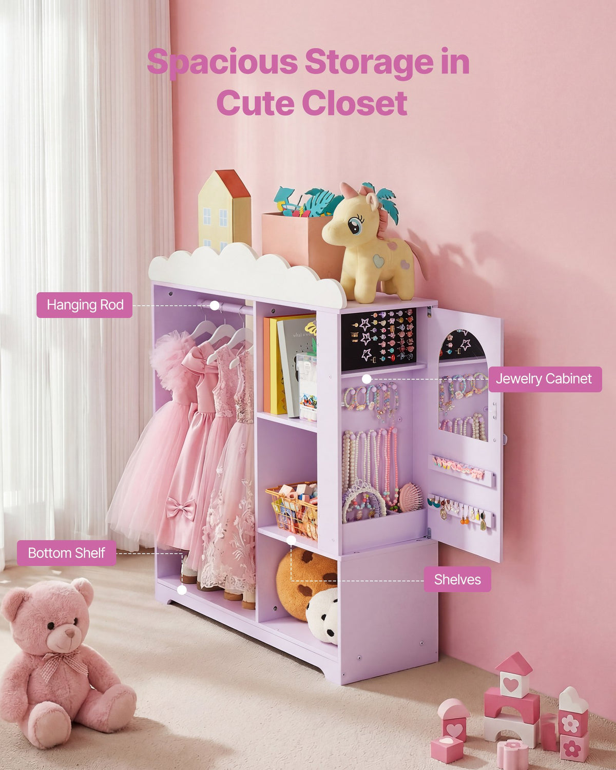 VEVOR Kids Dress Up Storage, with Jewelry Cabinet, Dress Up Closet with Mirror and Shelves, Princess Costumes Wardrobe Closet, Toddler Costume Organizer Armoire, for Bedroom, Kids Room, Girls, Purple