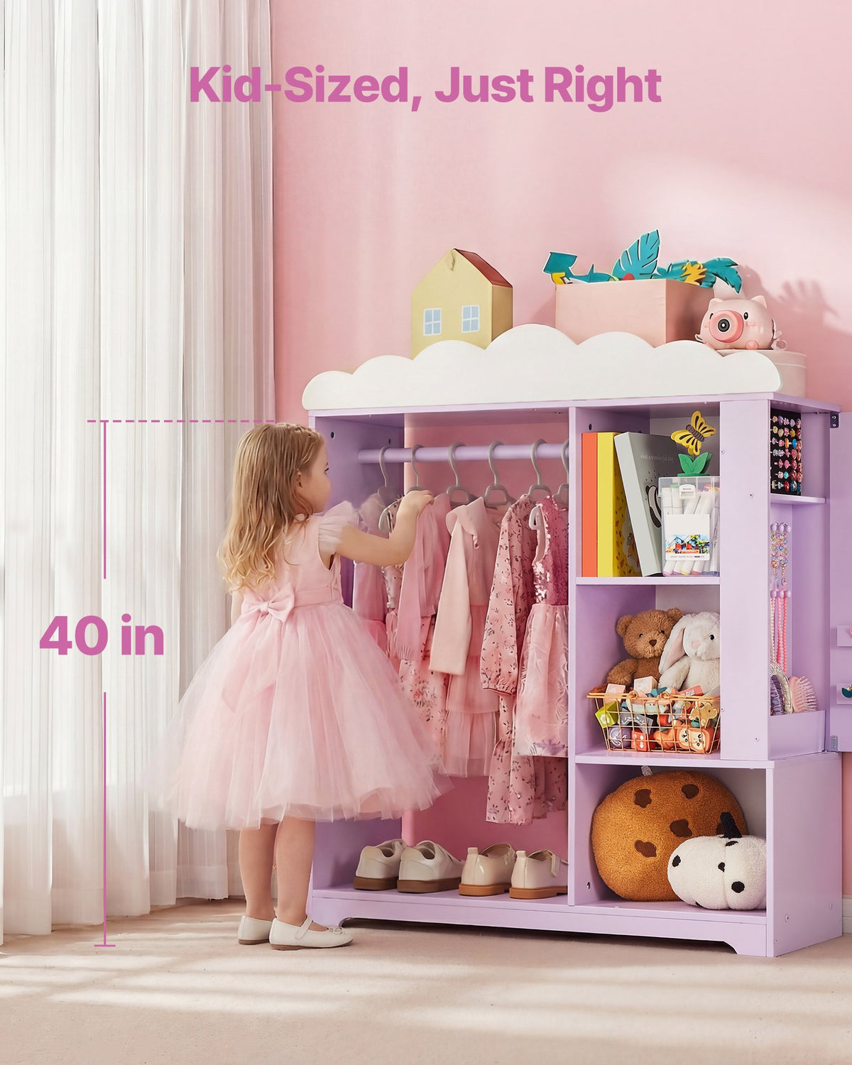 VEVOR Kids Dress Up Storage, with Jewelry Cabinet, Dress Up Closet with Mirror and Shelves, Princess Costumes Wardrobe Closet, Toddler Costume Organizer Armoire, for Bedroom, Kids Room, Girls, Purple