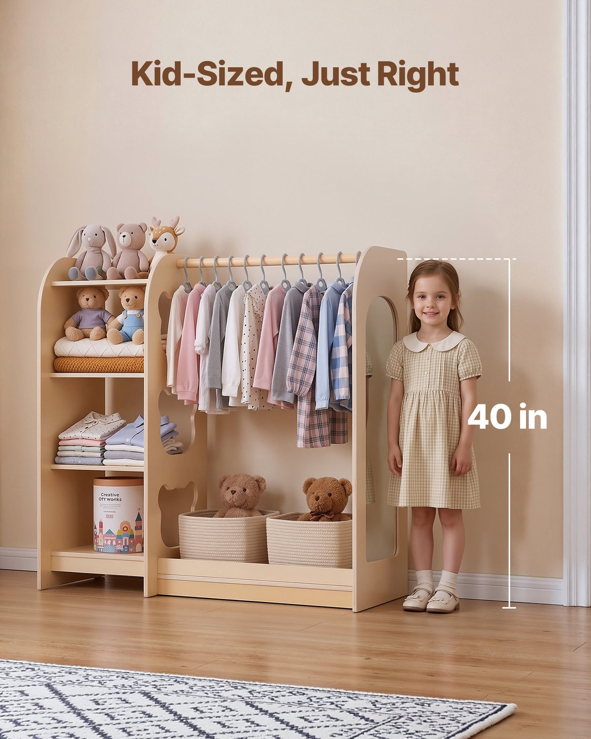 VEVOR Kids Dress Up Storage, with Mirror, Wooden Kids Dress Up Rack, Toddler Wardrobe Closet for Little Girls, Storage Armoire, Costume Organizer, Children Playroom Furniture, for Bedroom, Natural