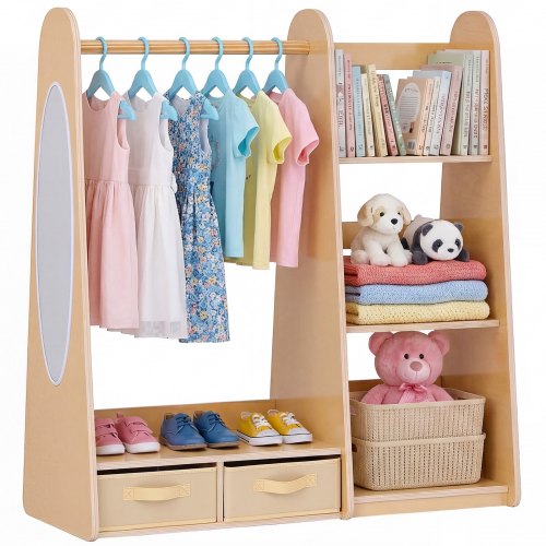 VEVOR Kids Dress Up Storage, with Mirror, Dress Up Closet, Toddler Wardrobe Closet for Little Girls, Armoire with Shelves & Bottom Tray, Costume Organizer, Toddler Room Furniture, for Bedroom, Natural