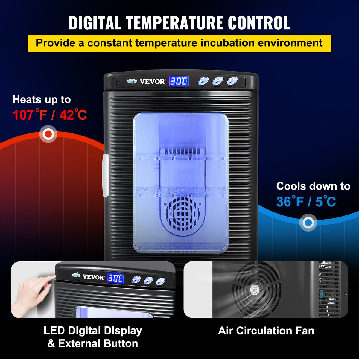 VEVOR Black Reptile Incubator 25L Scientific Lab Incubator Digital Incubator Cooling and Heating 5-42°C Reptile Egg Incubator 12V/110V Work for Small Reptiles