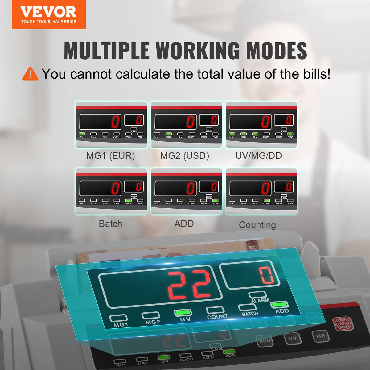 VEVOR Banknotes Counter With LED Display, Professional Note Counter With Counterfeit Detector, UV/MG, 1000 Bills/Minute, Counts Only Number of Sheets
