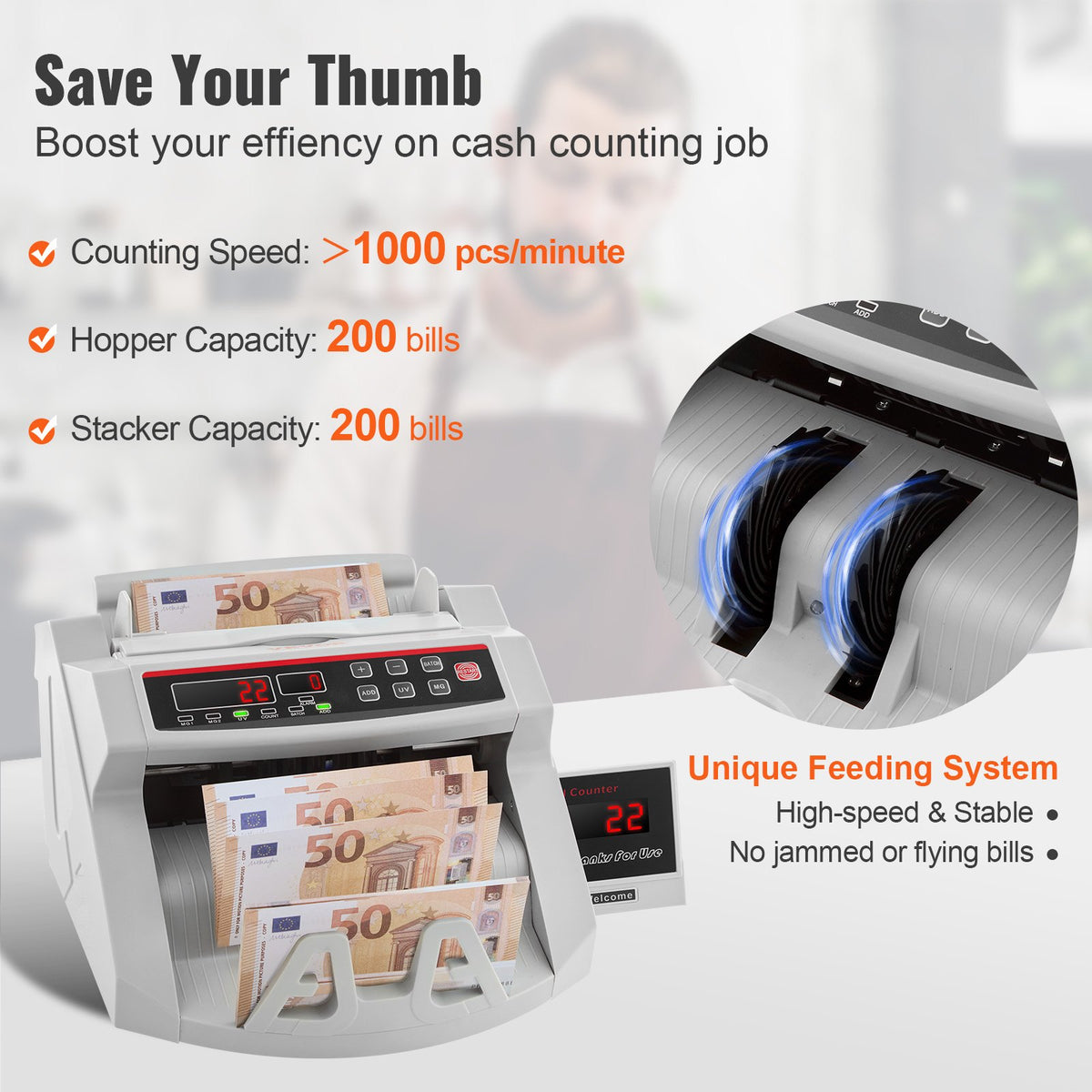 VEVOR Banknotes Counter With LED Display, Professional Note Counter With Counterfeit Detector, UV/MG, 1000 Bills/Minute, Counts Only Number of Sheets